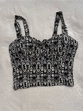 Black & White Tribal Bustier Cropped Tank Top with Tie Front
